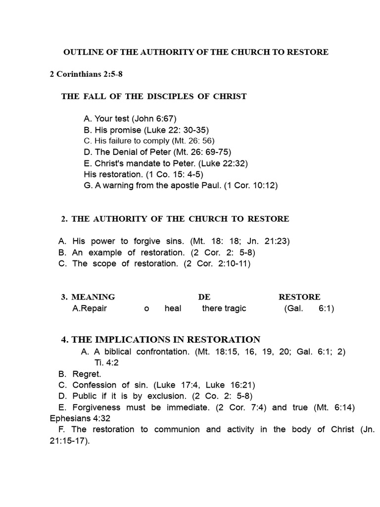 Outline of The Church's Authority To Restore | PDF