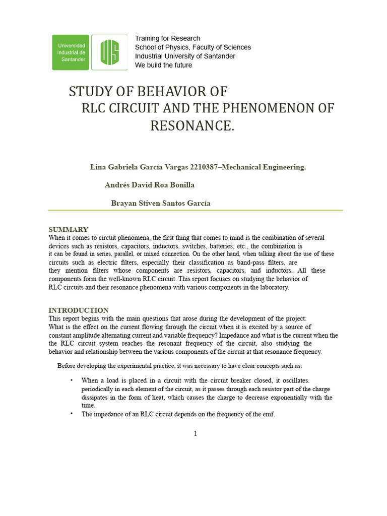 Laboratory 4 Study of The Behavior of The RLC Circuit and The ...