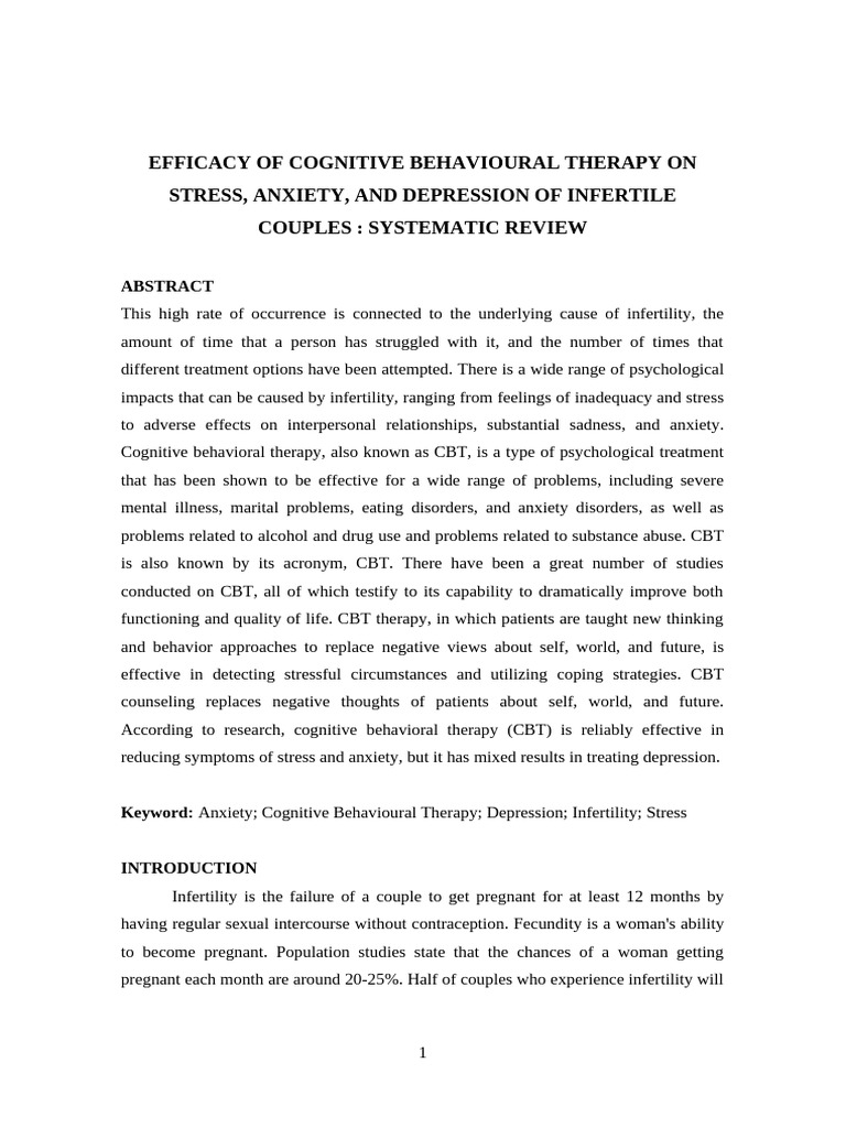 Efficacy of Cognitive Behavioural Therapy On Stress, Anxiety, and ...
