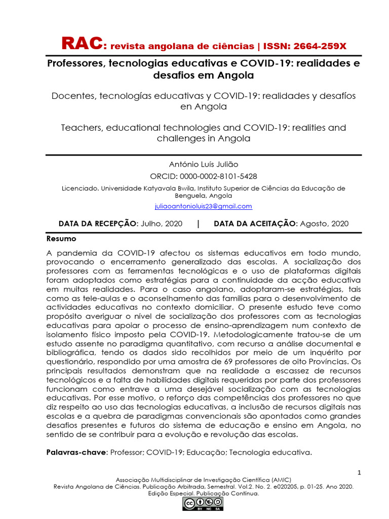 Professores e Tecnologias na COVID-19 em Angola | PDF | Science ...