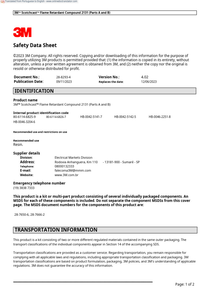 3M Scotchcast Flame Retardant Compound SDS | PDF | Toxicity | Cough
