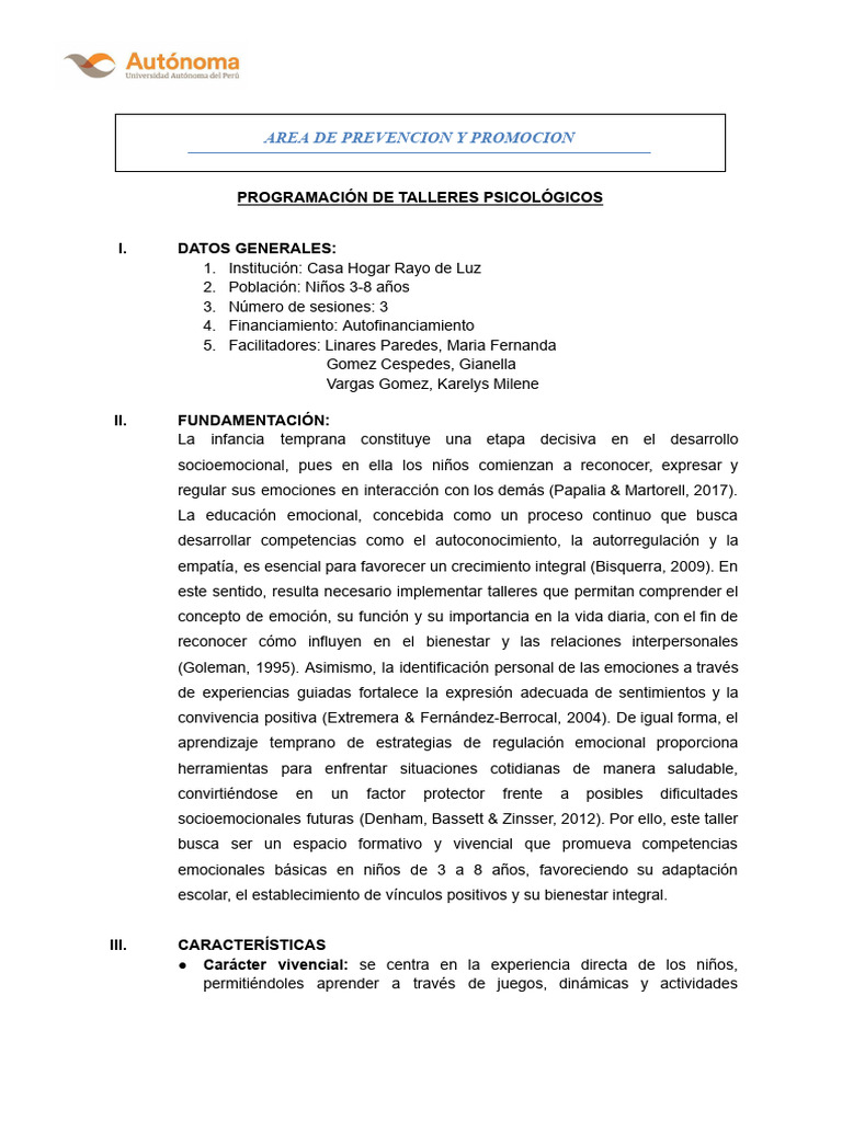 Talleres de Educación Emocional Infantil | PDF | Las emociones ...