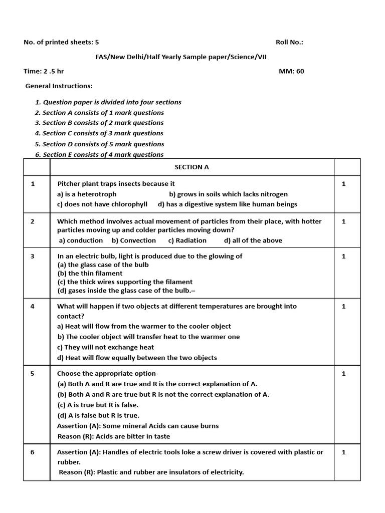 Science Sample Paper for Class VII | PDF | Ductility | Iron