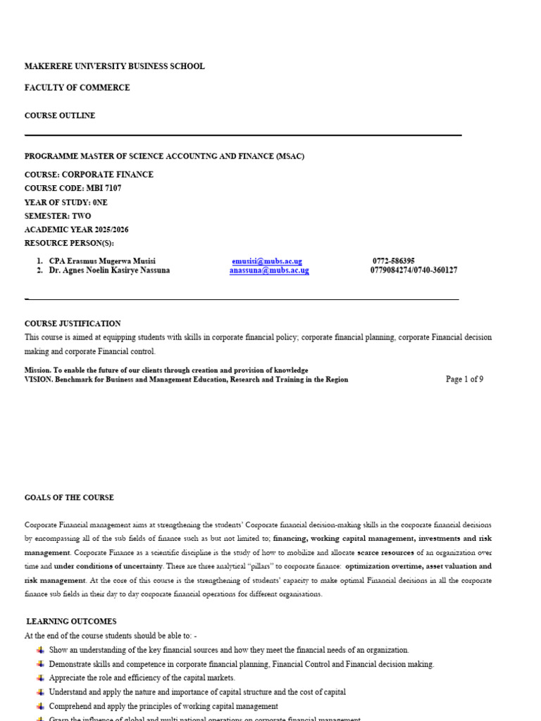 Corporate Finance Course Outline MSAC | PDF | Capital Asset Pricing ...