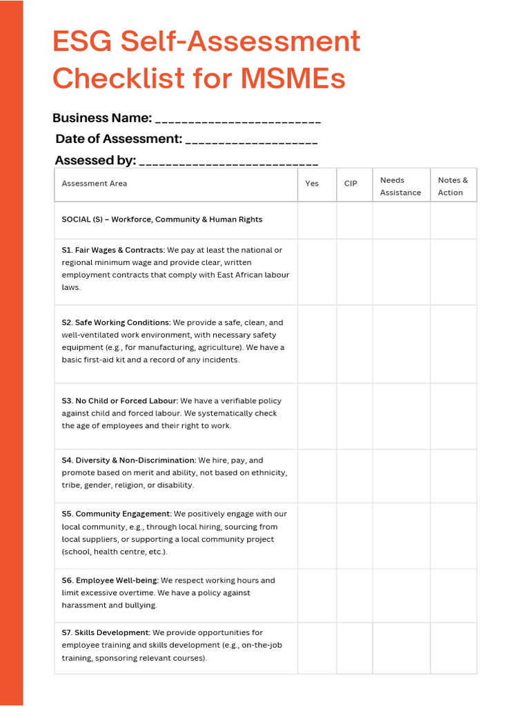 ESG Self-Assessment Checklist for MSMEs | PDF | Sustainability | Employment