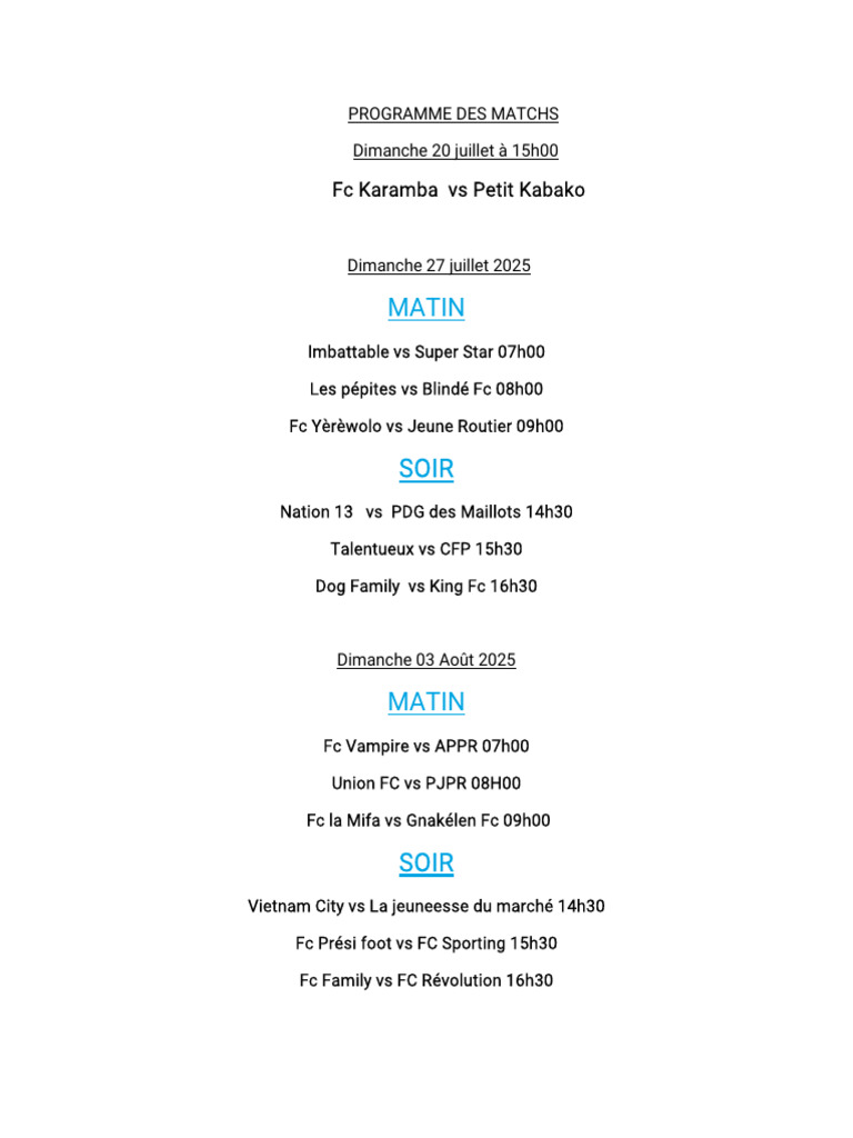 Programme des matchs de football 2025 | PDF