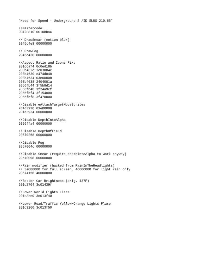 NFS Underground 2 Cheat Codes | PDF