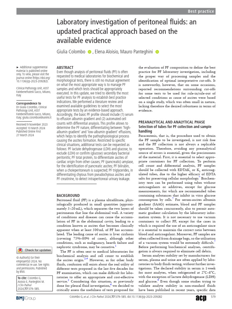 Updated Guidelines for Peritoneal Fluid Analysis | PDF | Blood Plasma ...