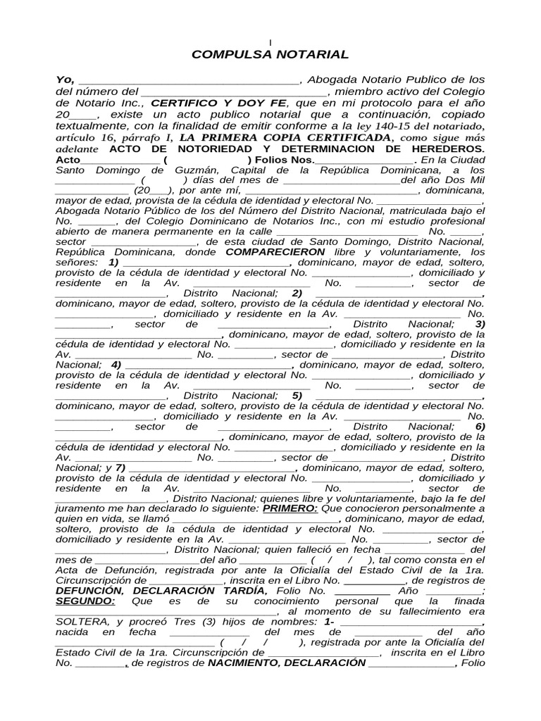 Modelo Compulsa de Un Acto de Notoriedad Pública y Determinacion de ...