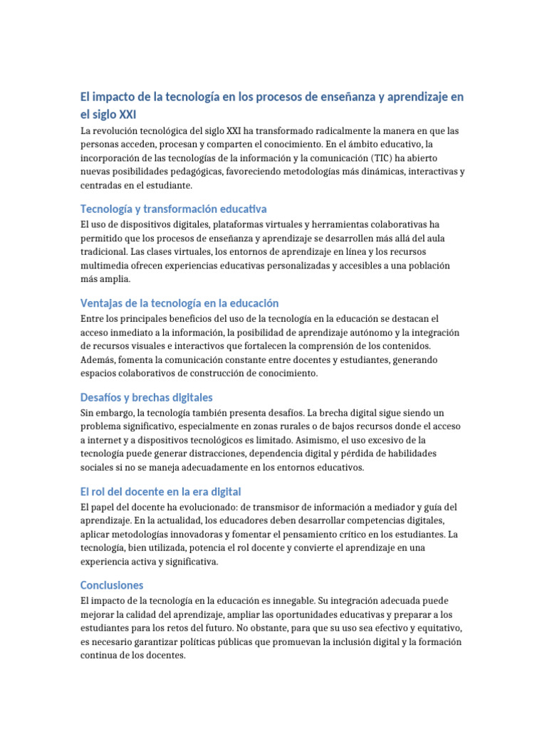 Impacto de la Tecnología en la Educación | PDF | Enseñando | Aprendizaje