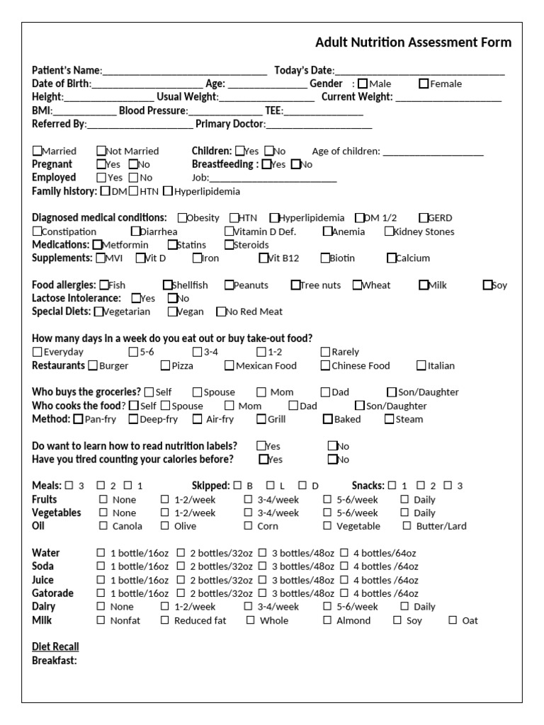 0 Adult Nutrition Assessment Form 2 | PDF | Foods | Vitamin D