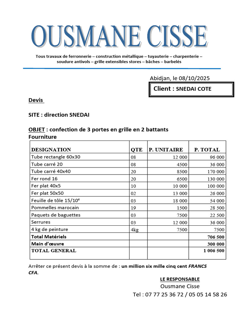 Devis pour 3 portes en grille SNEDAI | PDF