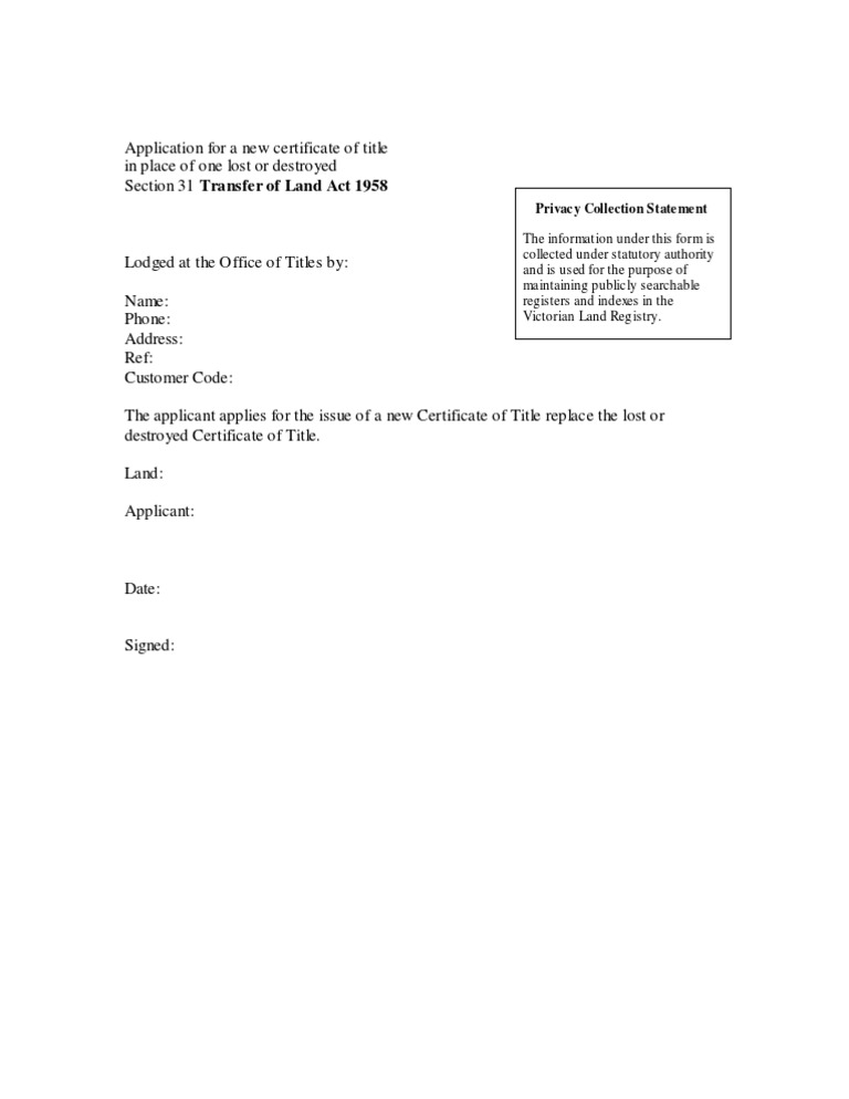 Application For A New Certificate of Title in Place of One Lost or ...