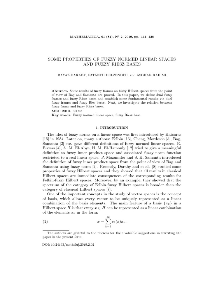 Fuzzy Normed Spaces and Riesz Bases | PDF | Hilbert Space | Basis ...