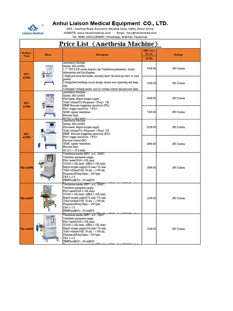 Anesthesia Machines Price List | PDF | Equipment | Respiratory System