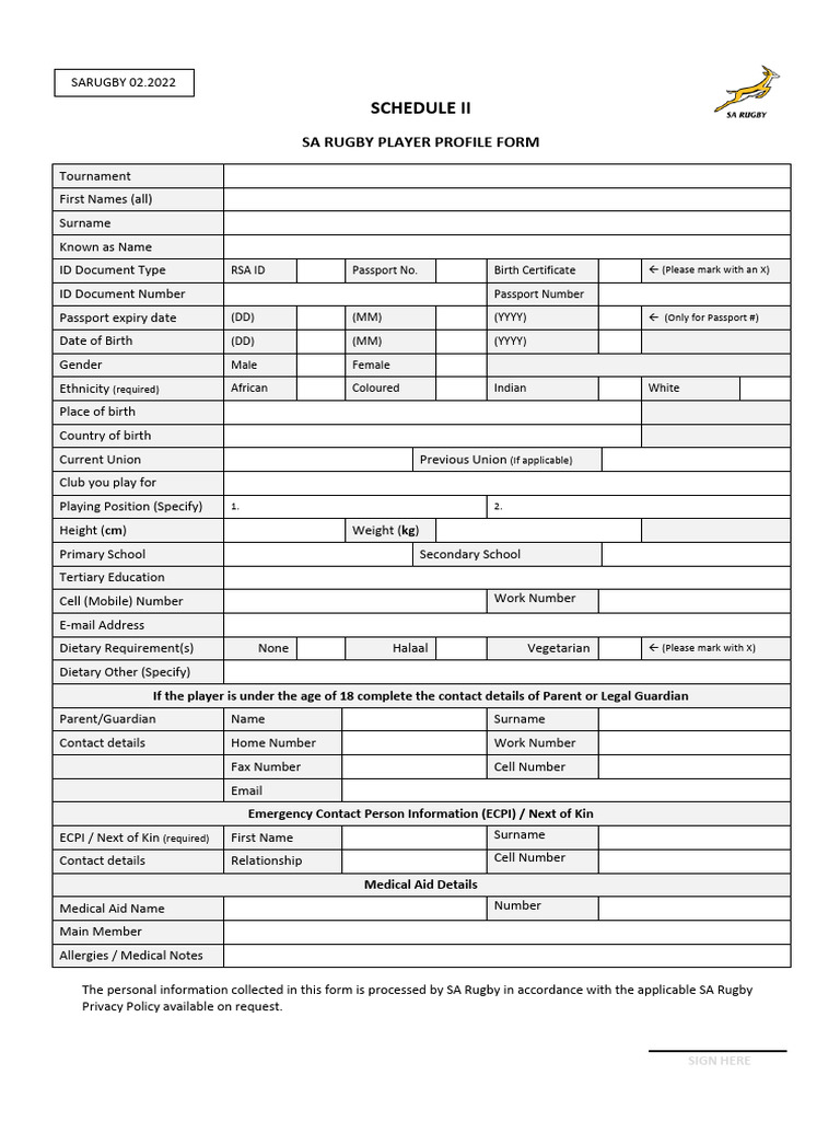 SA Rugby Player Profile Form | PDF | Government And Personhood