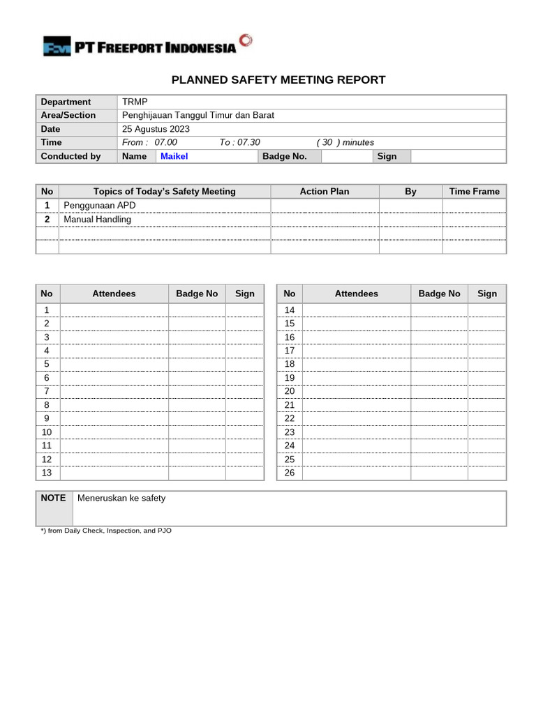 Form Planned Safety Meeting | PDF