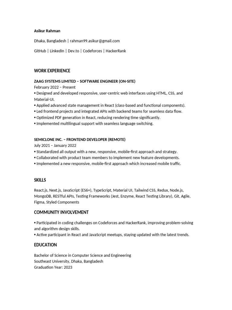 Software Engineer Resume - Asikur Rahman | PDF