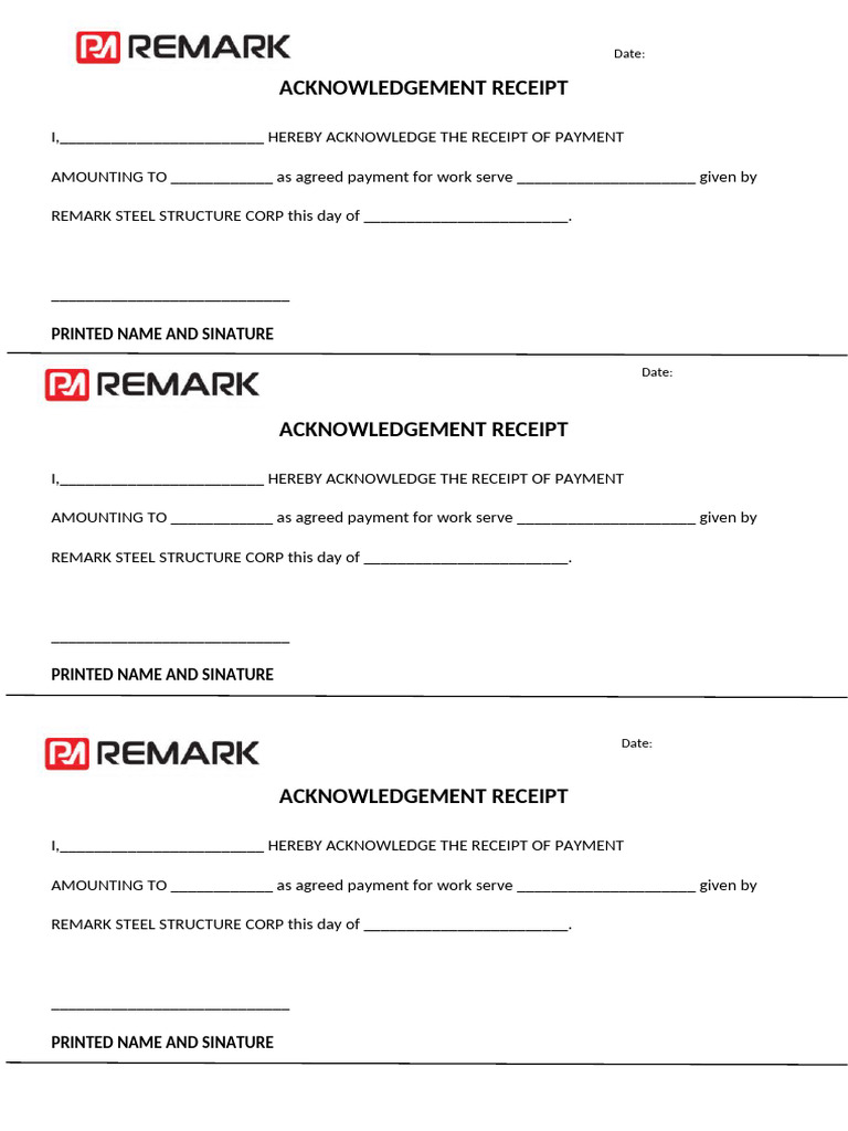 Payment Acknowledgement Receipt Template | PDF