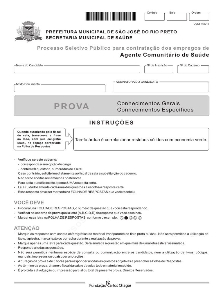 Prova de Agente de Saúde - Gabarito | PDF | Enfermagem | Família