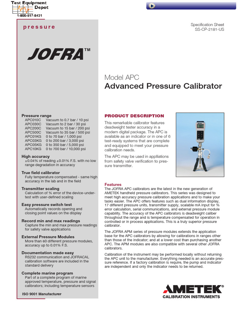 Apc - Series Advance Presure Calibrador Jofra TM | PDF | Calibration ...