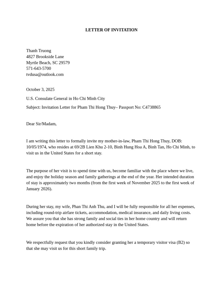 Invitation Letter for U.S. Visa Application | PDF