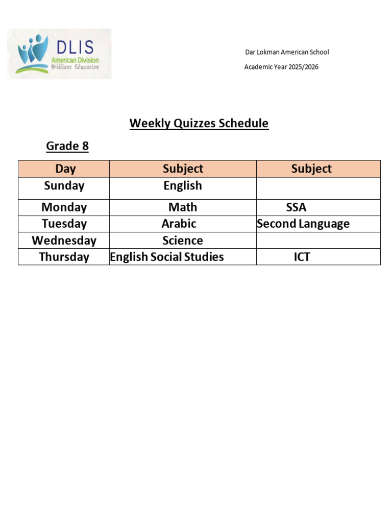 Grade 8 Weekly Quiz Schedule 2025/26 | PDF