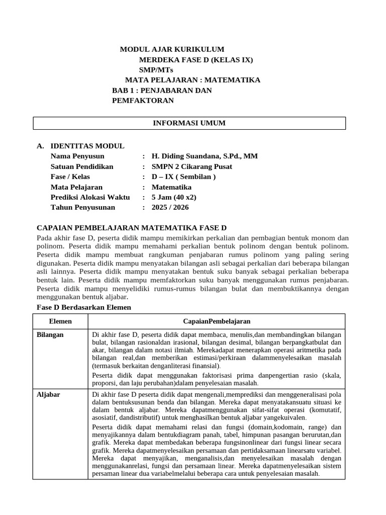 Modul Ajar Matematika Kelas IX Fase D | PDF