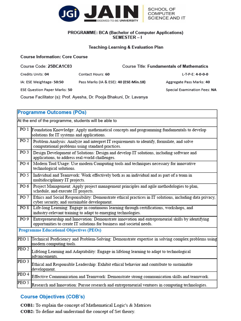 BCA Semester 1: Mathematics Fundamentals | PDF | Matrix (Mathematics ...