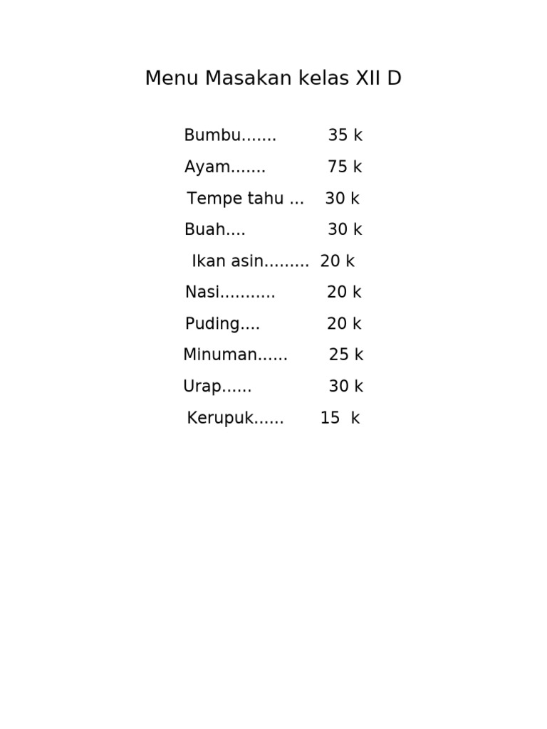 Menu Masakan Kelas XII D | PDF