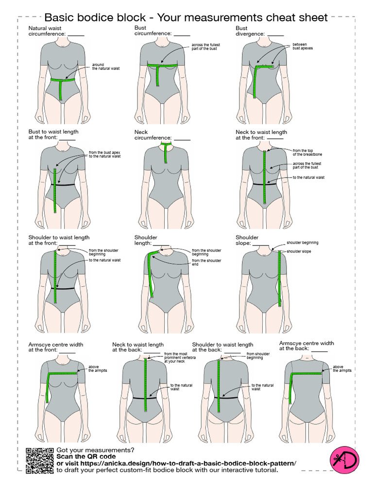 Basic Bodice Pattern Measurements Cheat Sheet | PDF | Waist