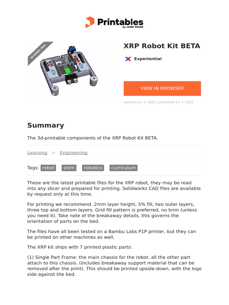 XRP Robot Kit BETA Components Guide | PDF | 3 D Printing