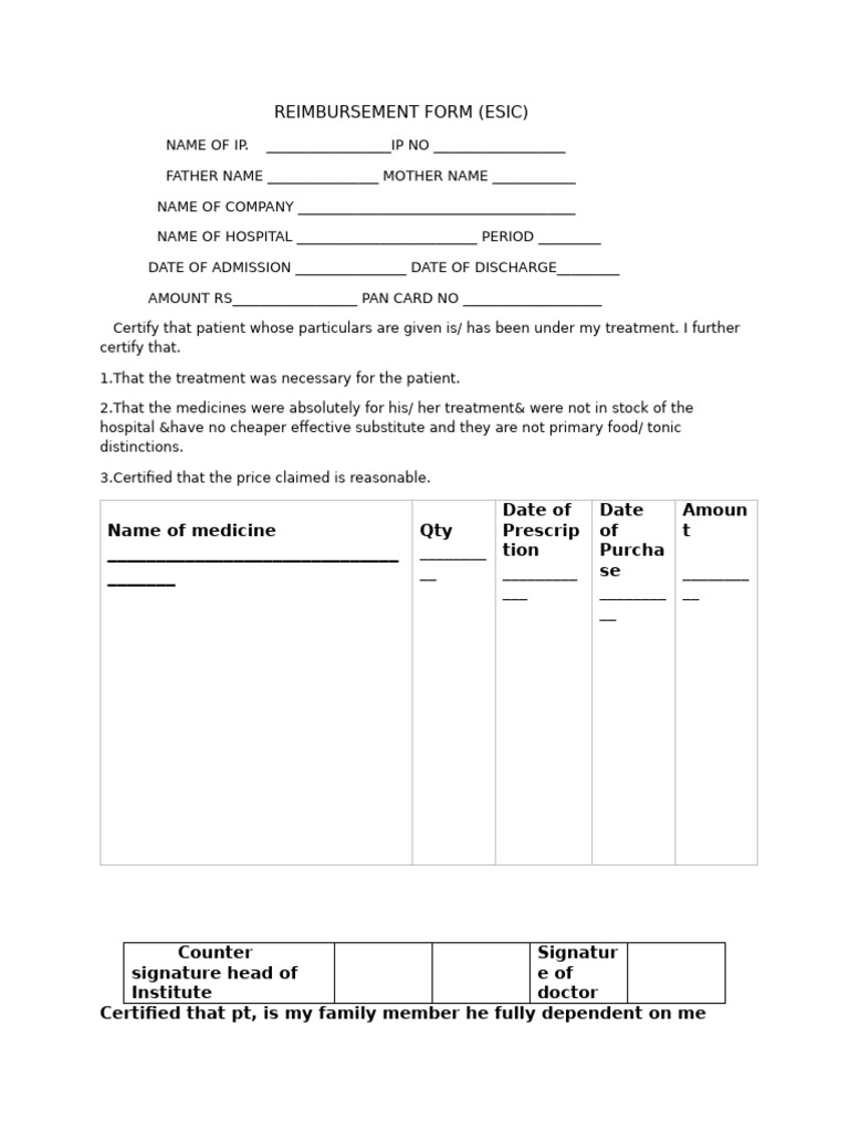 ESIC Medical Reimbursement Form Guide | PDF