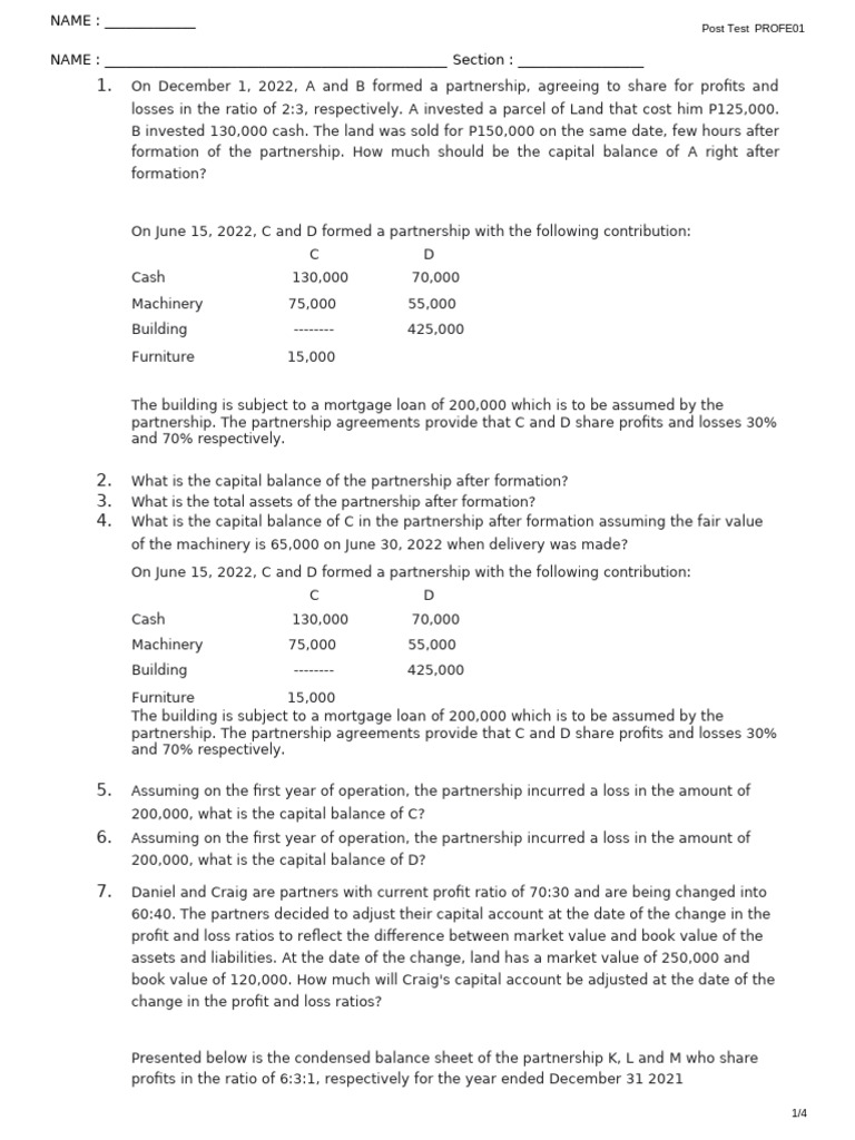 Partnership Capital and Profit Allocation Test | PDF | Partnership ...