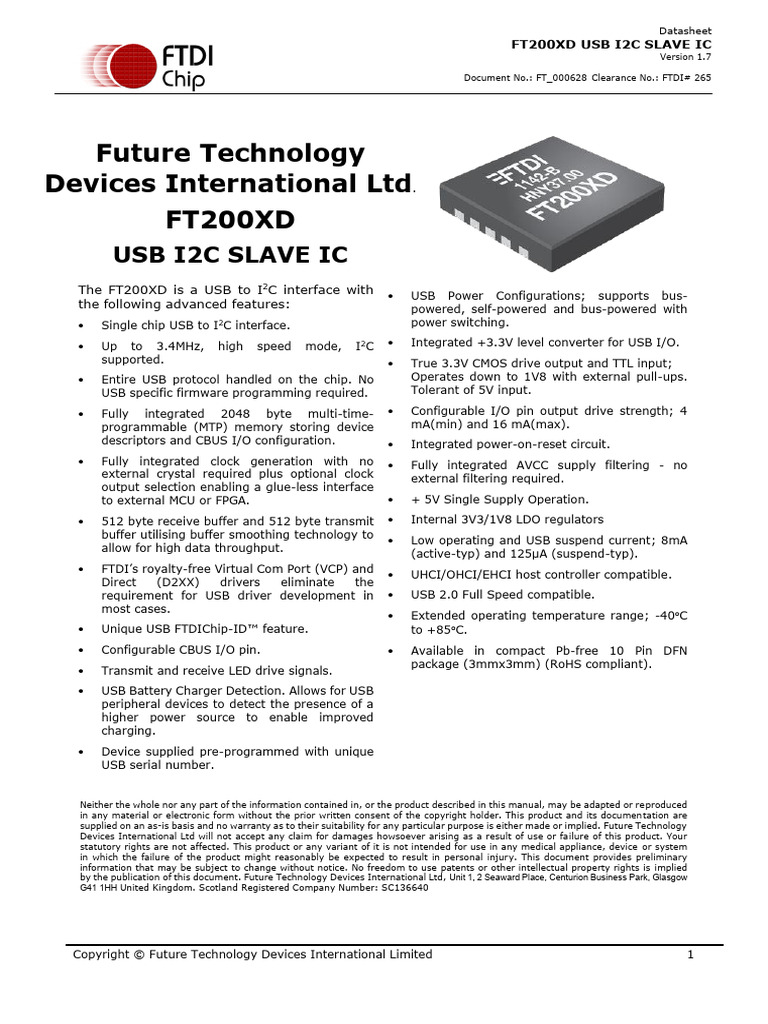 FT200XD USB to I2C Slave IC Datasheet | PDF | Usb | Electrical Engineering