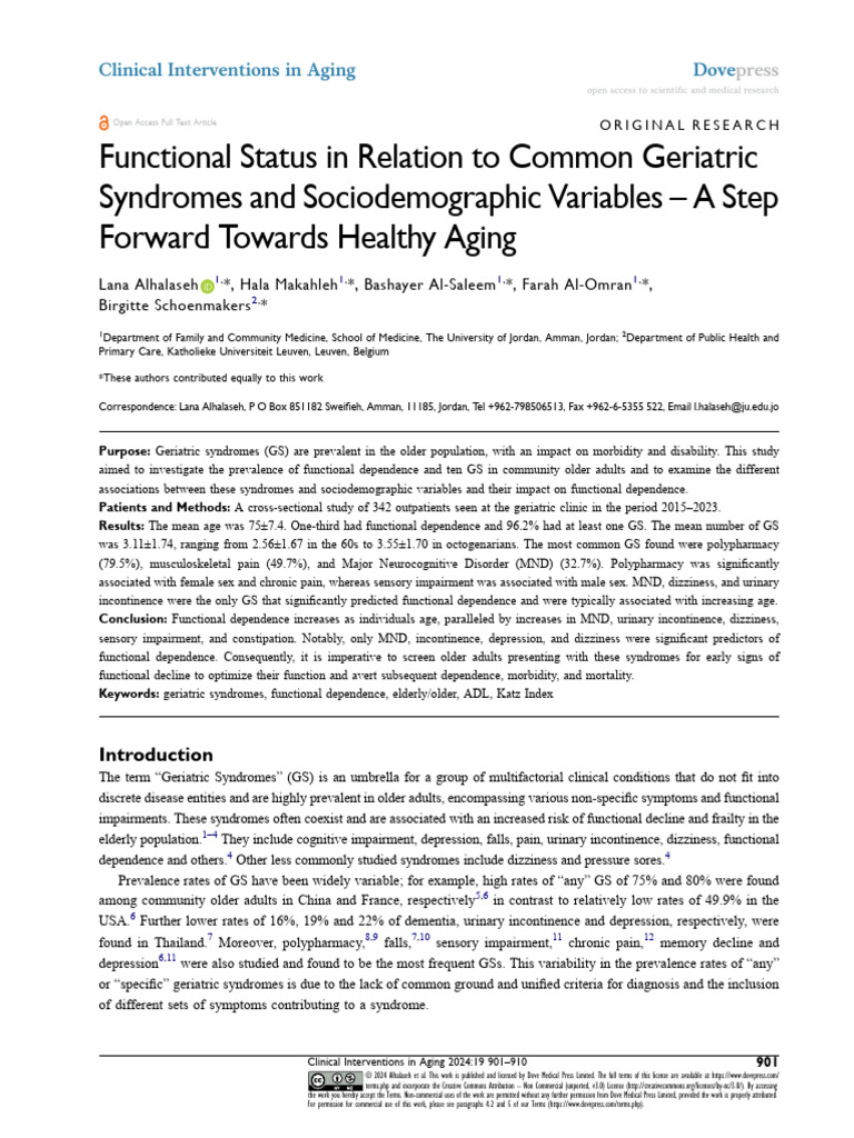 Functional Status in Relation To Common Geriatric Syndromes and ...
