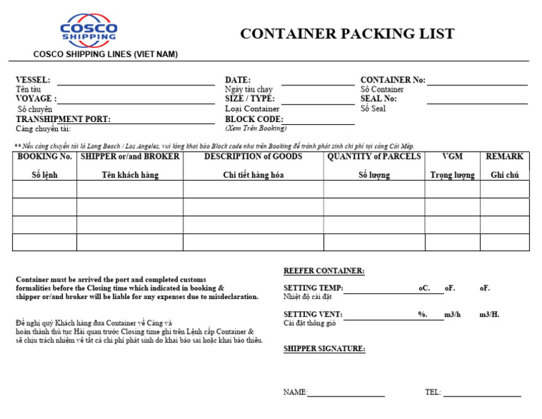 #Container Packing List - Cosco | PDF