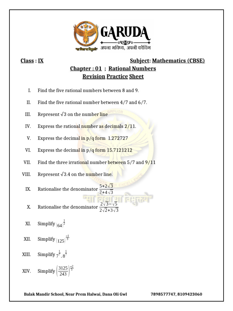 IX Mathematics Rational Numbers Practice | PDF
