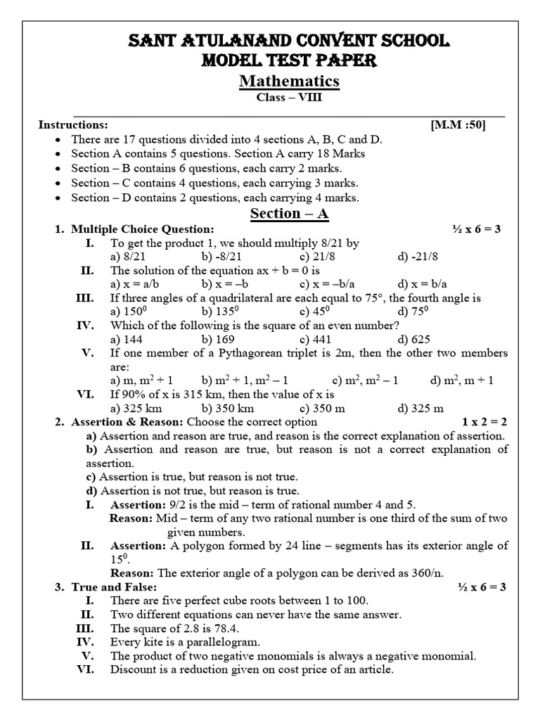 Class 8 Math Model Test Paper | PDF | Depreciation | Elementary Mathematics