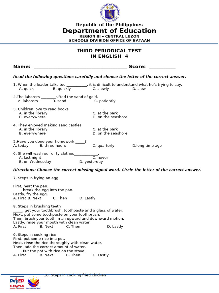 Grade 4 English Periodical Test | PDF | Beehive | Toothbrush