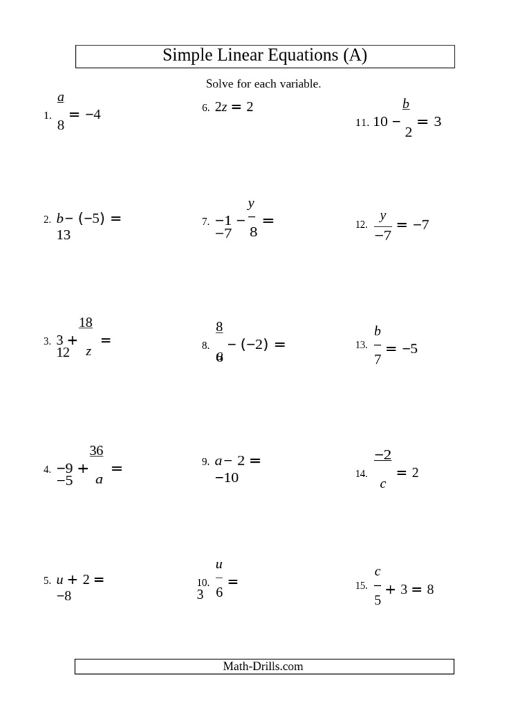 Simple Linear Equations Practice | PDF | Equations | Chess