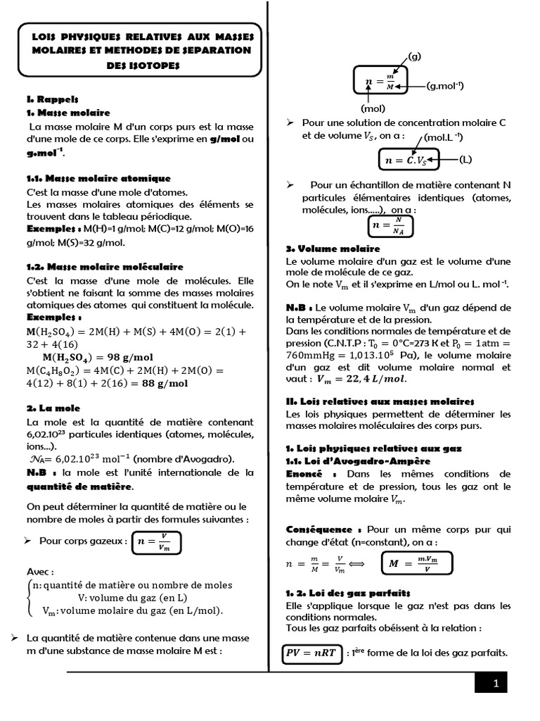 Masse Molaire et Lois des Gaz | PDF | Mole (unité) | Chimie