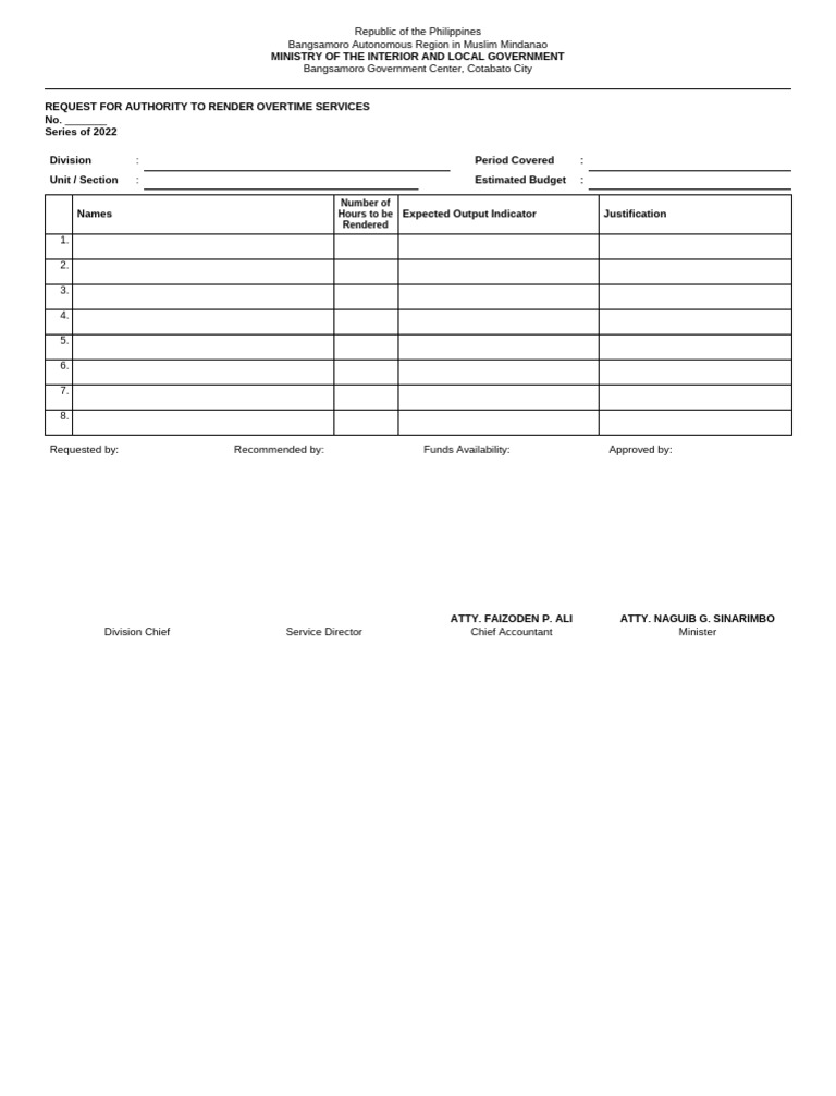 Overtime Services Request Form - Bangsamoro | PDF
