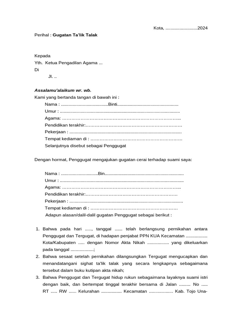 Gugatan Talak dan Alasan Cerai 2024 | PDF