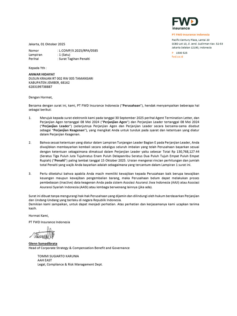 Surat Tagihan Penalti FWD Insurance | PDF
