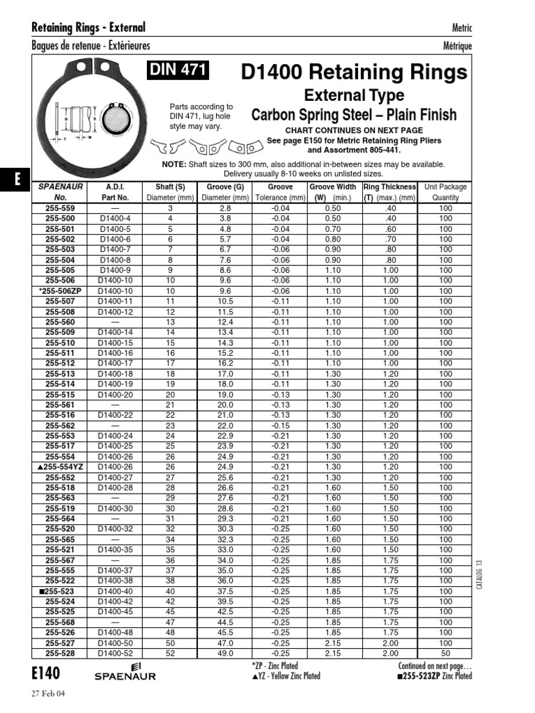 D1400 Retaining Rings: External Type Carbon Spring Steel - Plain Finish ...