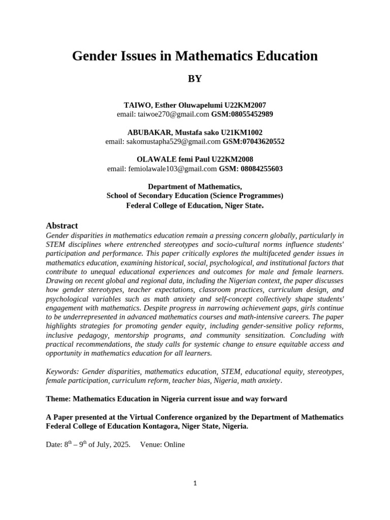 Gender Disparities in Math Education | PDF | Gender Inequality | Gender ...