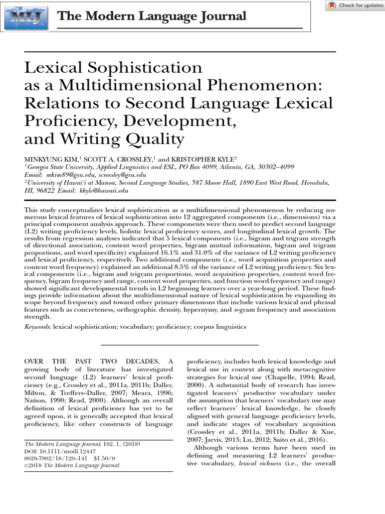 Lexical Sophistication in L2 Writing | PDF | Vocabulary | Principal ...