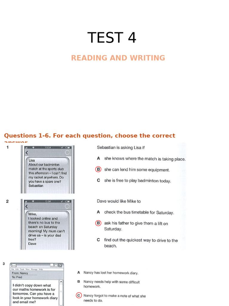 Test 4: Reading and Writing Questions | PDF