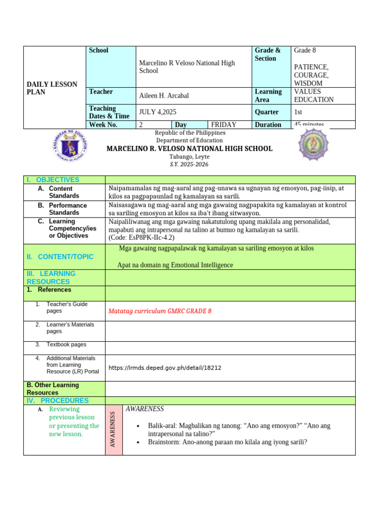LP VAL - Ed Matatag Grade 8 | PDF